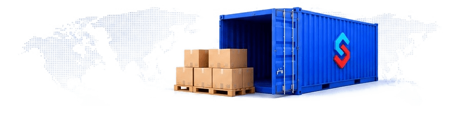 SinoBridge container with boxes on a world map